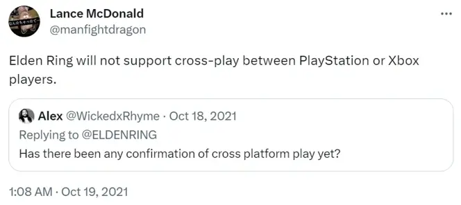 elden ring crossplay no compatible tweet